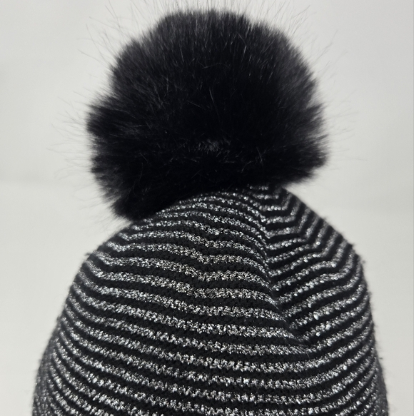 CHICO'S BLACK & METALLIC SILVER STRIPE POM POM BEANIE HAT CAP ACCESSORY WOMEN OS - Picture 3 of 12